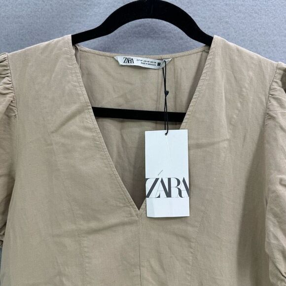 NWT Zara Linen Blend Babydoll Puff Sleeve Dress Size XS - Picture 4 of 9